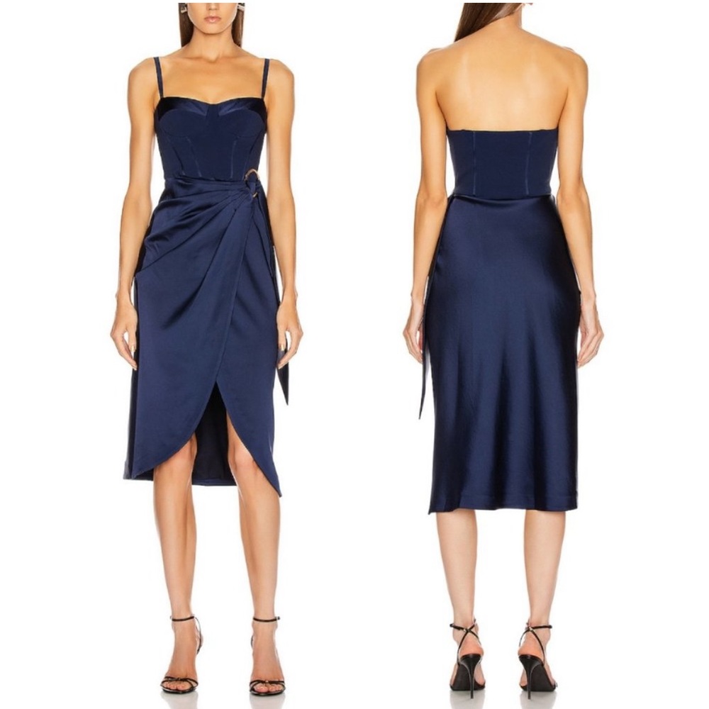 SIMKHAI Navy Blue Crepe Satin Combo Bustier Wrap Dress Size 0